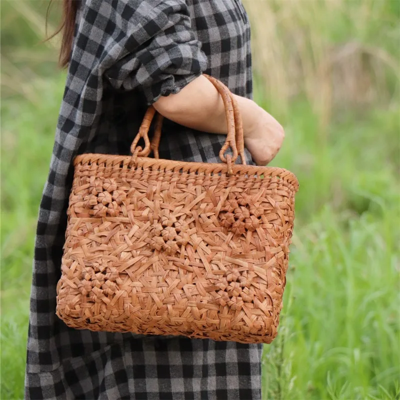 Handwoven Grape Vine Women Shoulder Bag Retro Literary Tea Bag Bamboo Woven Handbag Portable Tea Set Storage Pouch Ladies