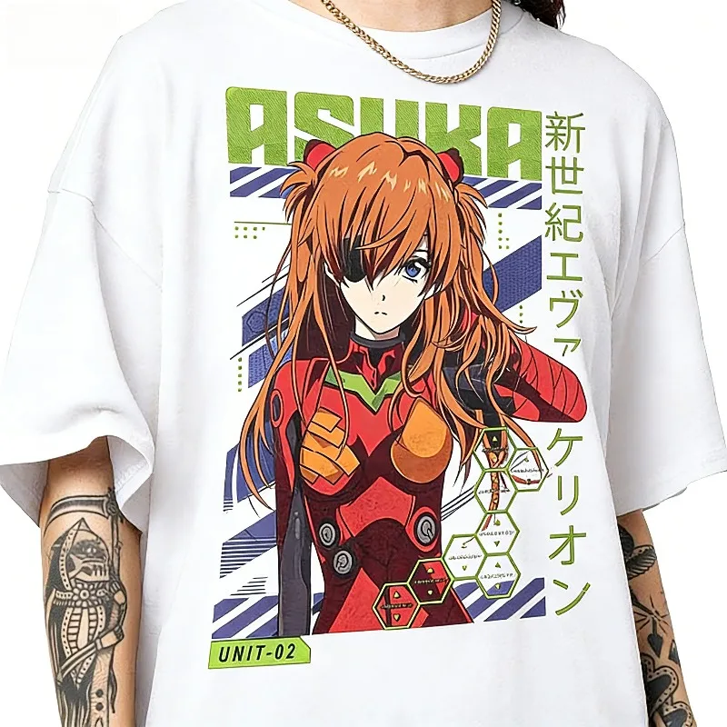 Yaso Damen EVA02 Blau "New Century Evangelion Warrior" Retro T-Shirt Y2K Anime Sommer Y2K Herren Extra Großes T-Shirt Unisex