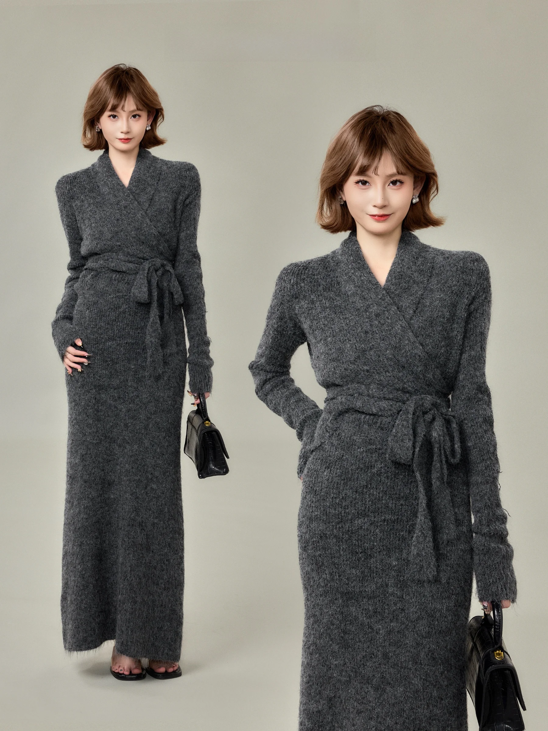 

Элегантный вязаный комплект: свитер с V-образным вырезом и длинная юбка с завышенной талией для женщин, модный повседневный комплект из двух предметов