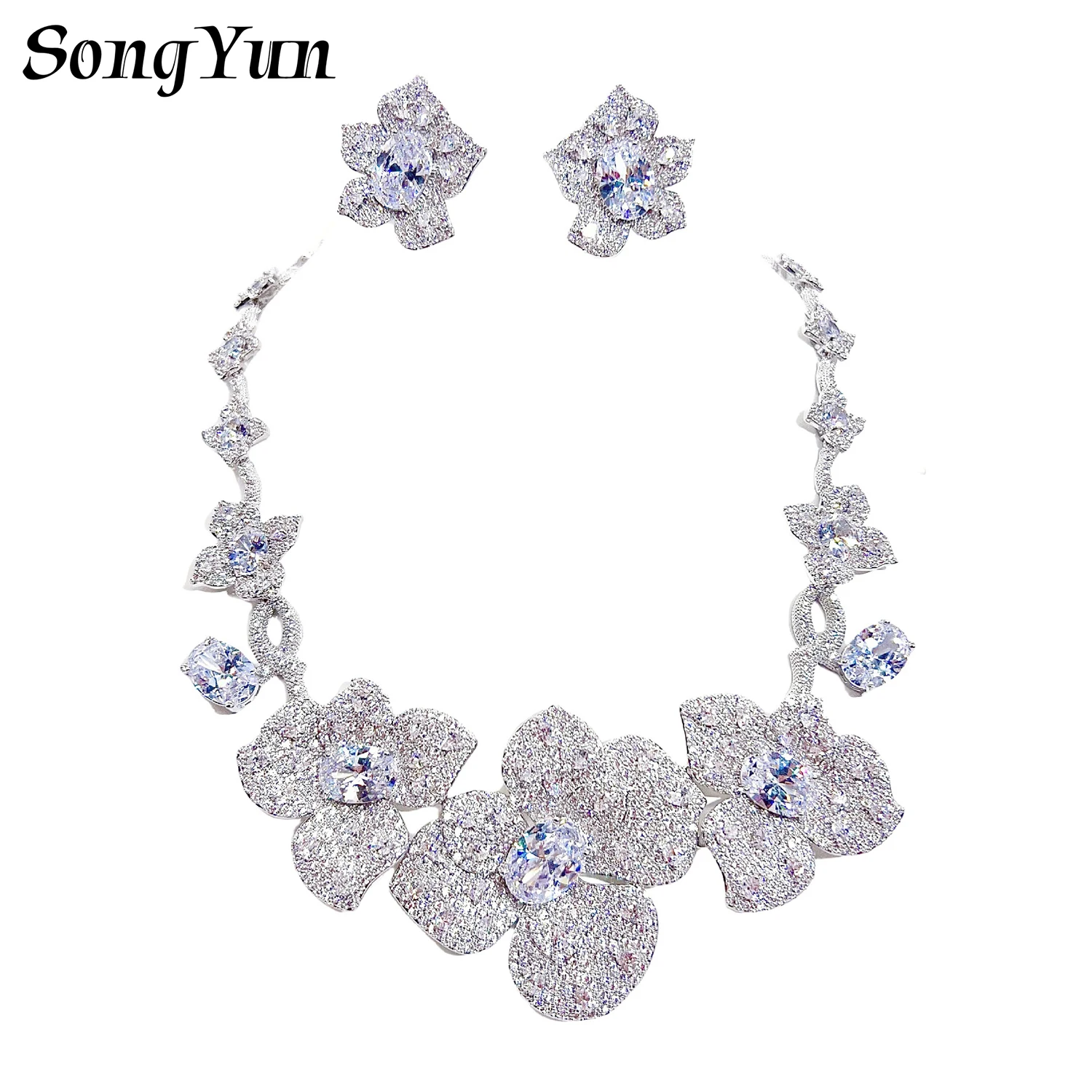

Shining Big Rose Luxurious Cubic Zircon Flower Earrings Necklace Set Crystal Rhinestone Wedding Engagement Party Jewelry Set