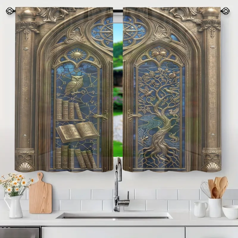 Ornate Baroque Gold Curtains for Decorative Transom Arch Windows Pair Vintage Medieval Luxury Window Treatment Panel Decor