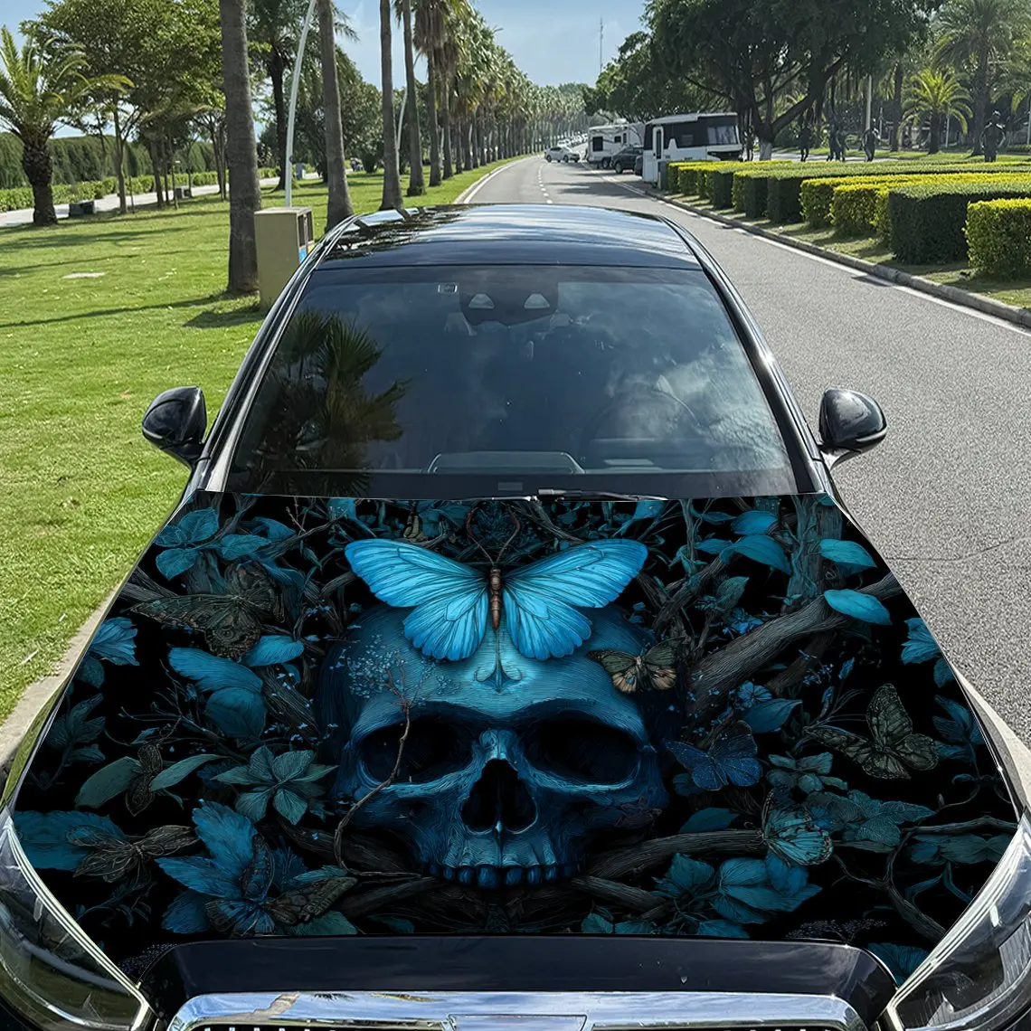 

Night Blue Flower Skull and Butterflies Car Vinyl Wrap, PVC Material Waterproof Car Hood Sticker, Self-Adhesive Scratch-Resistan