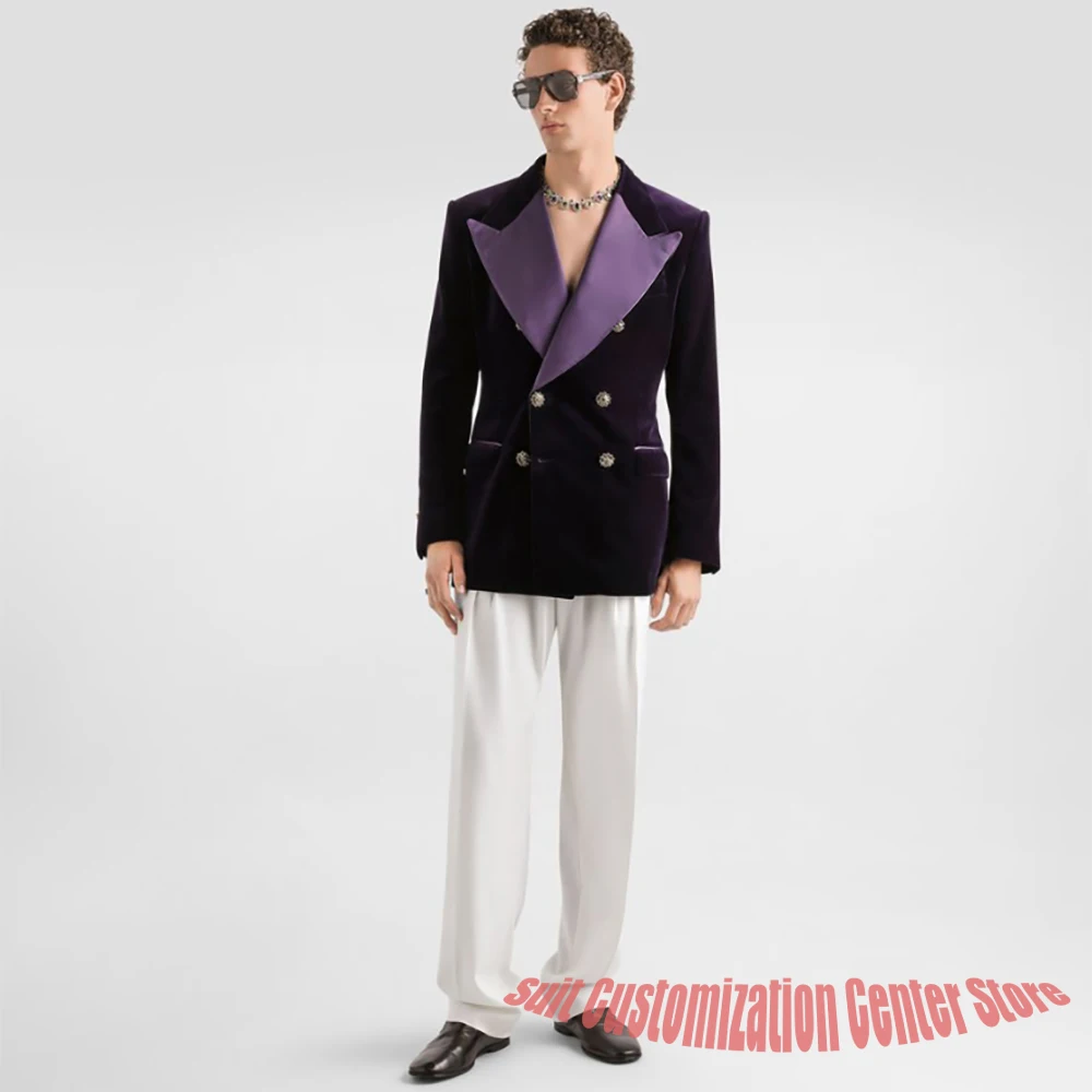 

Elegant Purple Velvet Men's Suits Double Breasted Blazer with Satin Lapel Luxury Evening Jacket+Pants 2 Piece Set for Prom Party