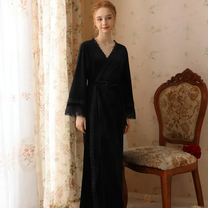 

Autumn Winter Velvet Robes for Women Sexy V Neck Bride Dressing Gown Long Sleeve Kimono with Sash Female Casual Comfortable Robe