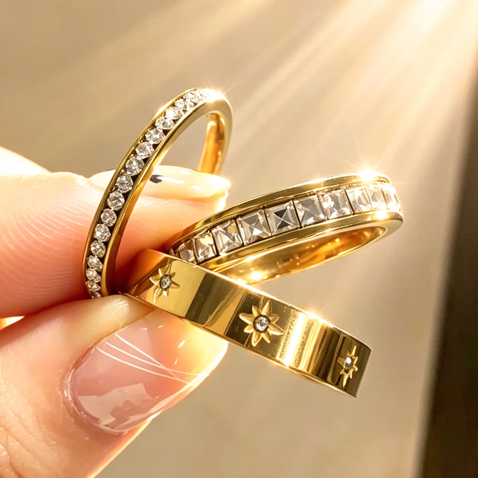 Yupsk 3pcs Gold Color Stainless Steel Stackable Rings for Women Shining Geometric Zirconia Inlaid Ring Party Jewelry Gift