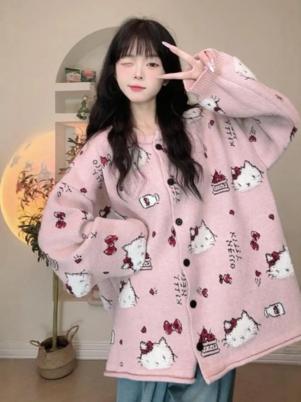 

Kawaii Hello Kitty Knitted Cardigan Sweaters Women Sanrio Anime Tops Autumn Spring Student Girl Cute Loose Preppy Style Fashion