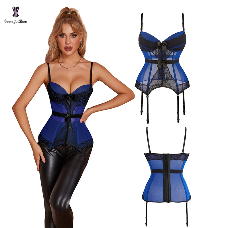 Plus Size Underwear Women Nightwear Clothing Blue Red Lingerie Corset Slimming Body Shapewear Mesh Bustier With Strap And Hook