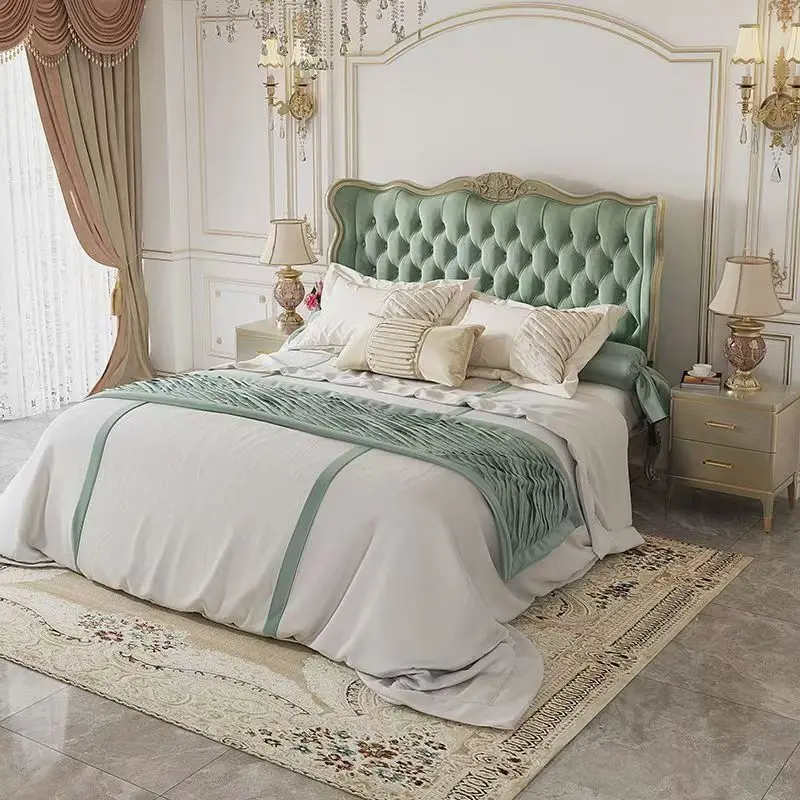 

!@High End Bedroom Furniture Tufted Genuine Leather Double Wooden Bed Royal Luxury American King Size Bed