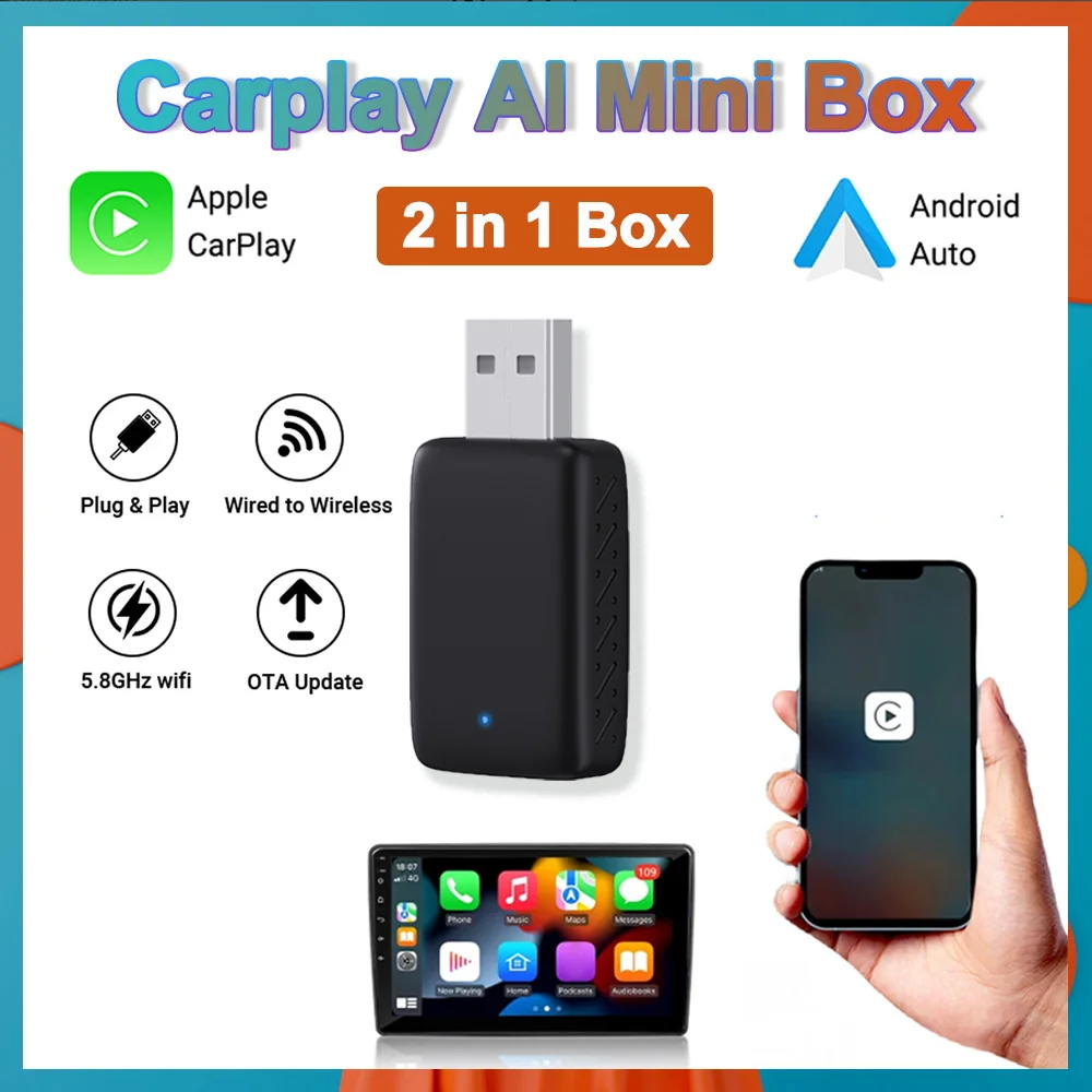 Wired to Wireless Carplay&Android Auto Mini Box 2in1 Mini Adapter Plug&Play BT WiFi Auto Connect Fit with 99% for Wired CarPlay