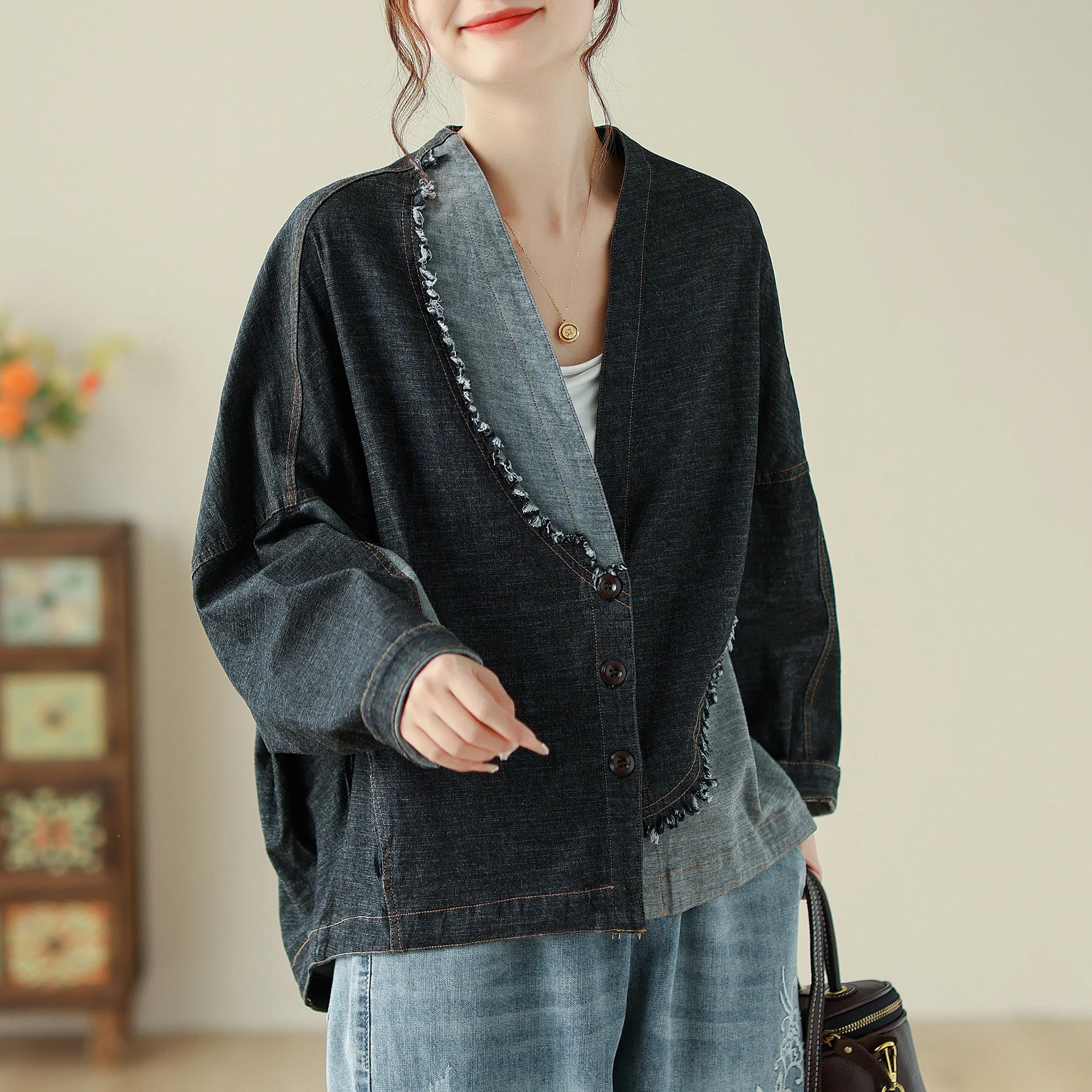 

Винтажные джинсовые лоскутные рубашки для женщин, весенне-осенние блузки с длинными рукавами и v-образным вырезом, повседневные свободные универсальные однобортные топы