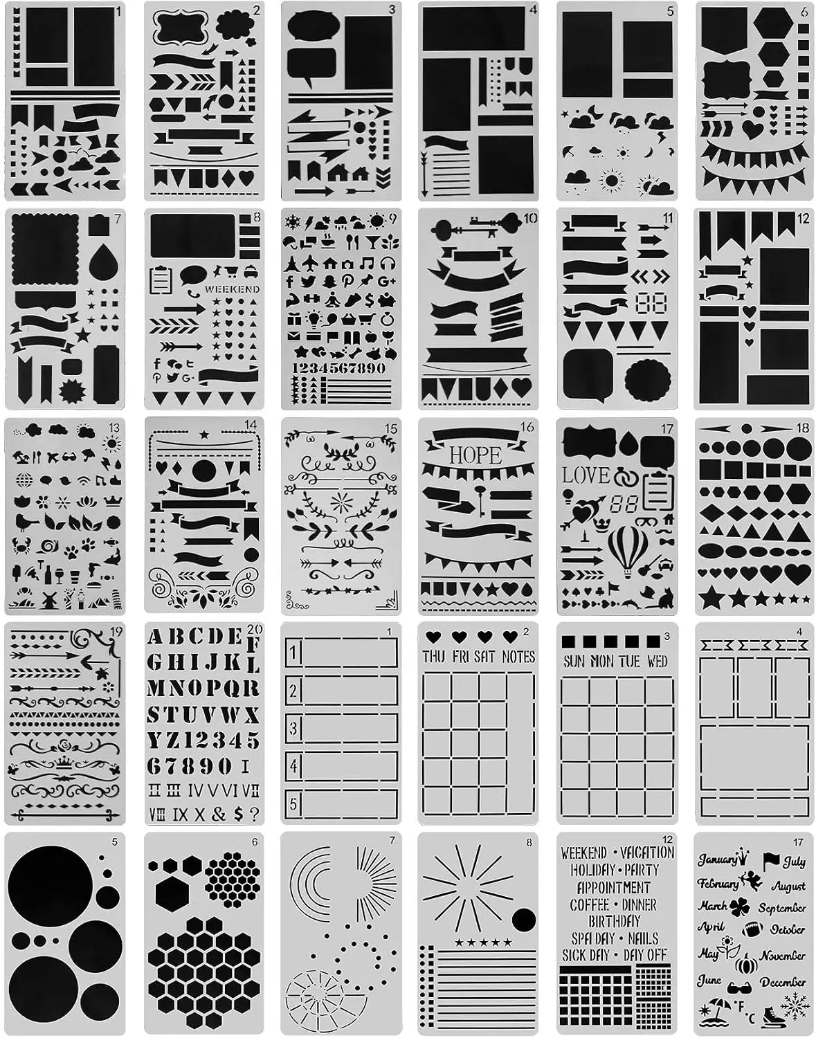 30 pochoirs pour journal, pochoirs pour agenda, pour carnet de notes, journal intime, scrapbooking, modèle de dessin DIY, pochoir pour journal 4x7 pouces