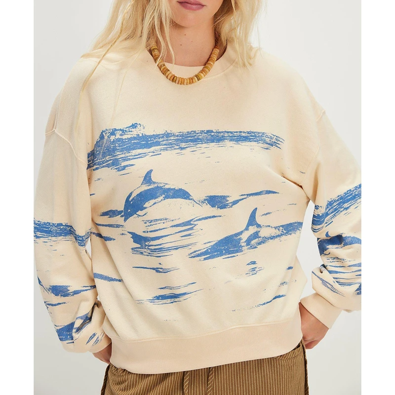 Damska luźna bluza Combhasaki w stylu Y2k z nadrukiem wieloryba/konia, z długim rękawem, okrągłym dekoltem, codzienna bluza oversize z kapturem.
