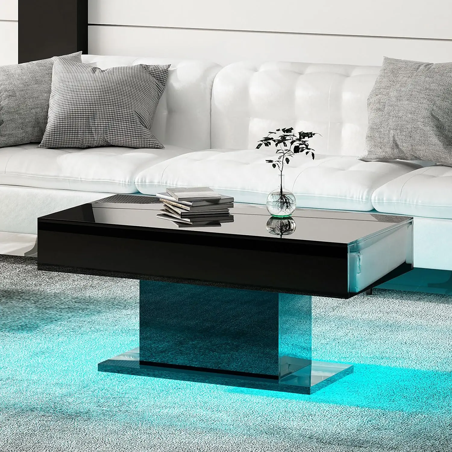 LED Coffee Table for Living Room, High Glossy Modern Coffee Table with 16 Colors LED Lights, Wooden Smart Rectangle Coffee Table