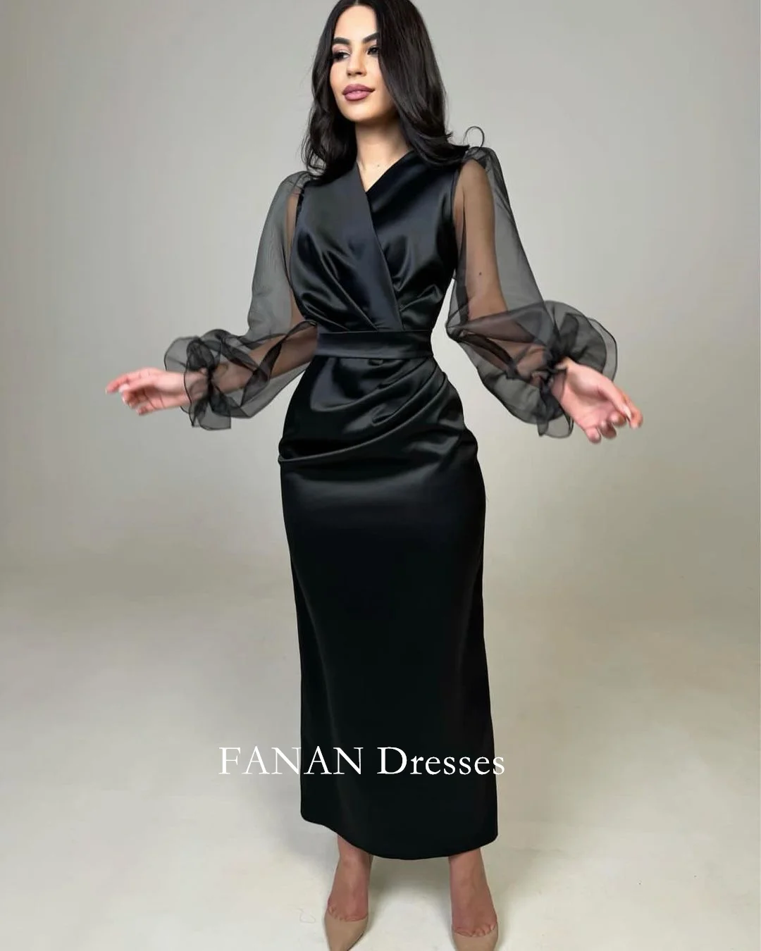 

FANAN V-Neck Fashion Evening Party Dresses Arabic Satin Puff Sleeves Mermaid Vintage Wedding Women Formal Gowns Event Prom Gowns