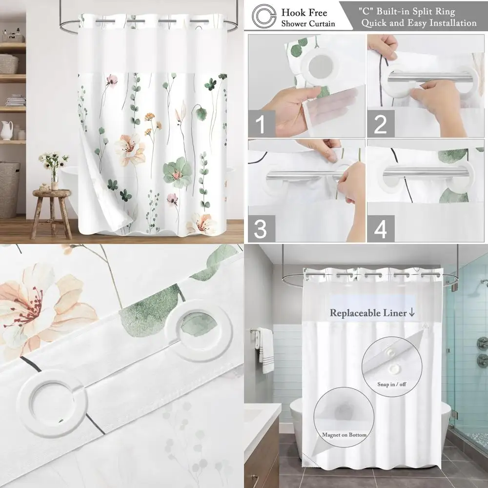 

Занавеска для душа без крючка с цветочным принтом и тканевым вкладышем для ванной комнаты, гостиничный стиль, шалфейный зеленый, бежевый, современный цветочный набор для душа