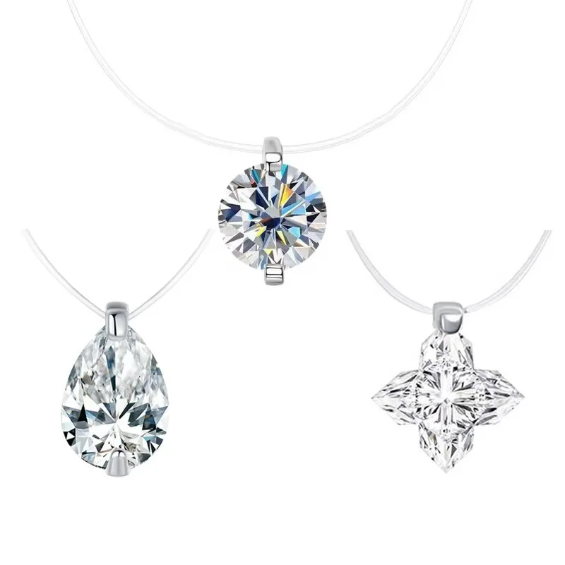 

BELLUX New S925 Silver Mermaid Tears Moissanite Necklace Fine Hyaline Fishing Line Invisible Collarbone Chainble