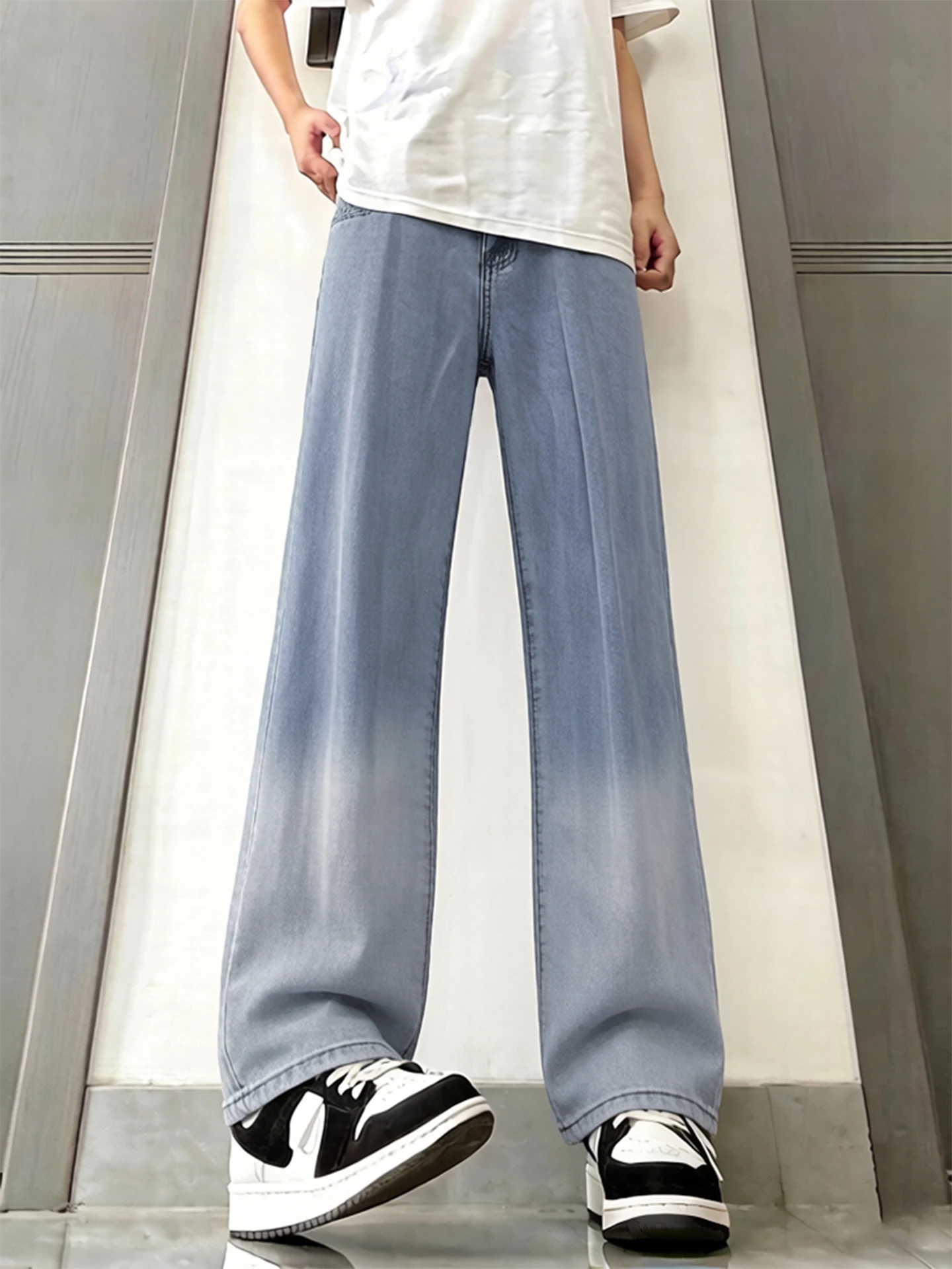 

aduated Color Ice Silk Men's Jeans Summer Thin Straight Tube Hanging Sensation Slimming American High Street Denim Pants