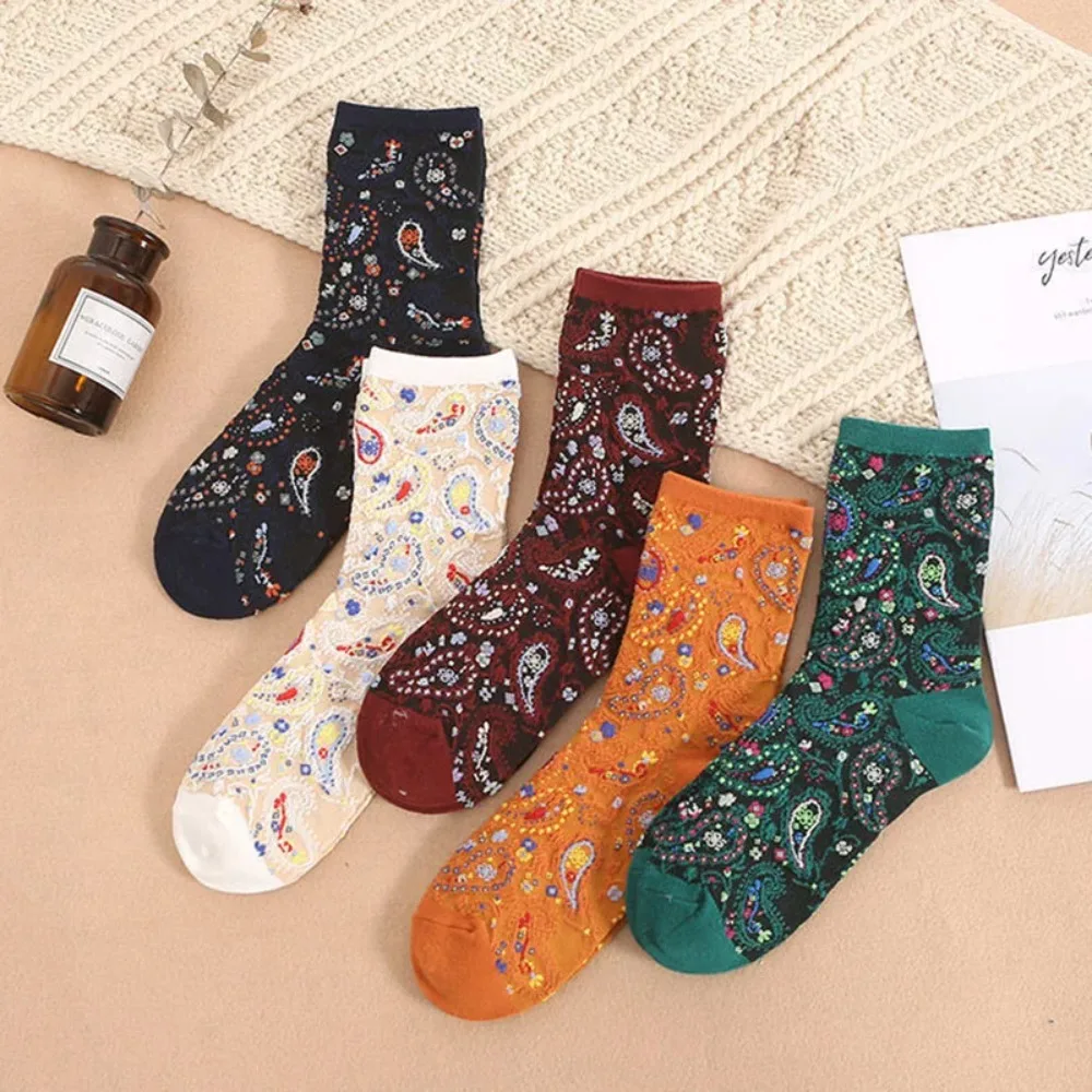 Women Retro Floral Print Cotton High Long Socks Thermal Ethnic Korean Fashion Harajuku Vintage Streetwear Crew Stockings