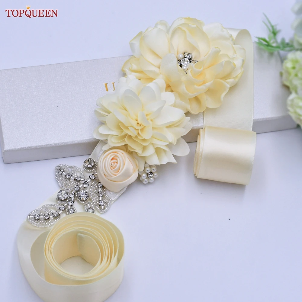 TOPQUEEN S260 Women Satin Flower Belt Handmade Beaded Belt Bridal Sash Wedding Belt Party Dress Waist Decoration