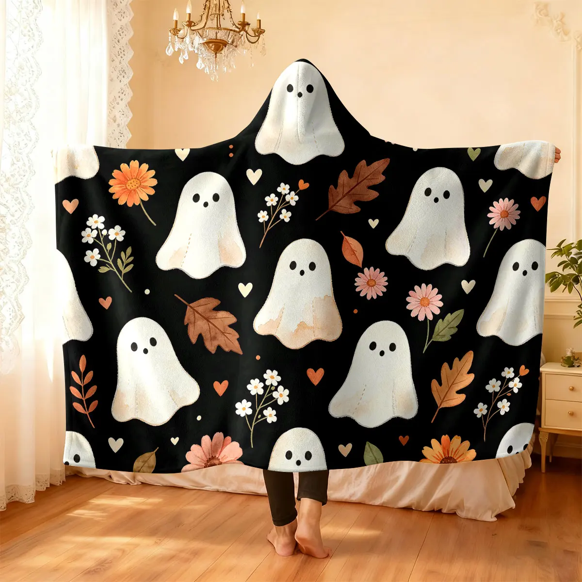 1pc Happy Halloween Themed Kitten Print Hooded Flannel Wearable Cloak Blanket Soft and Warm Multi Size Nap Casual Blanket