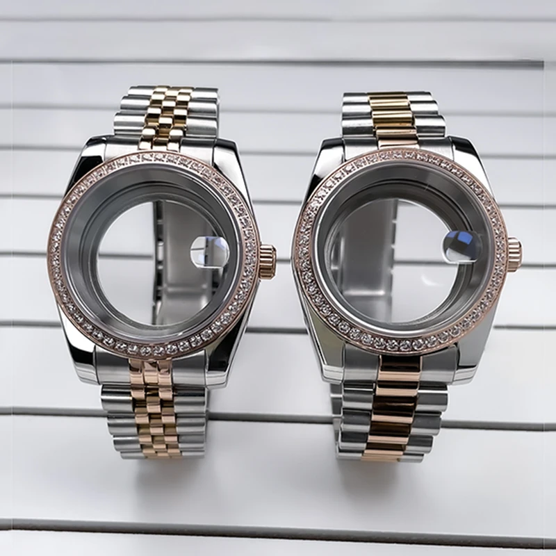 36mm/39mm NH35 Case 2T Rose Gold Diamond Bezel DJ President Jubile Strap Sapphire Glass Mod For NH35 NH36 Movement Watch Case