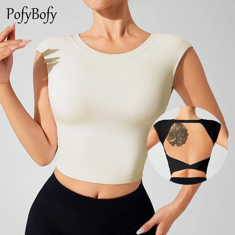 PofyBofy Built in Bra Sexy Kink Backless Hide Side Fat Slim Fit Quick-dry Women Sleeveless T-shirt Yoga Fitness Causal Sport Top