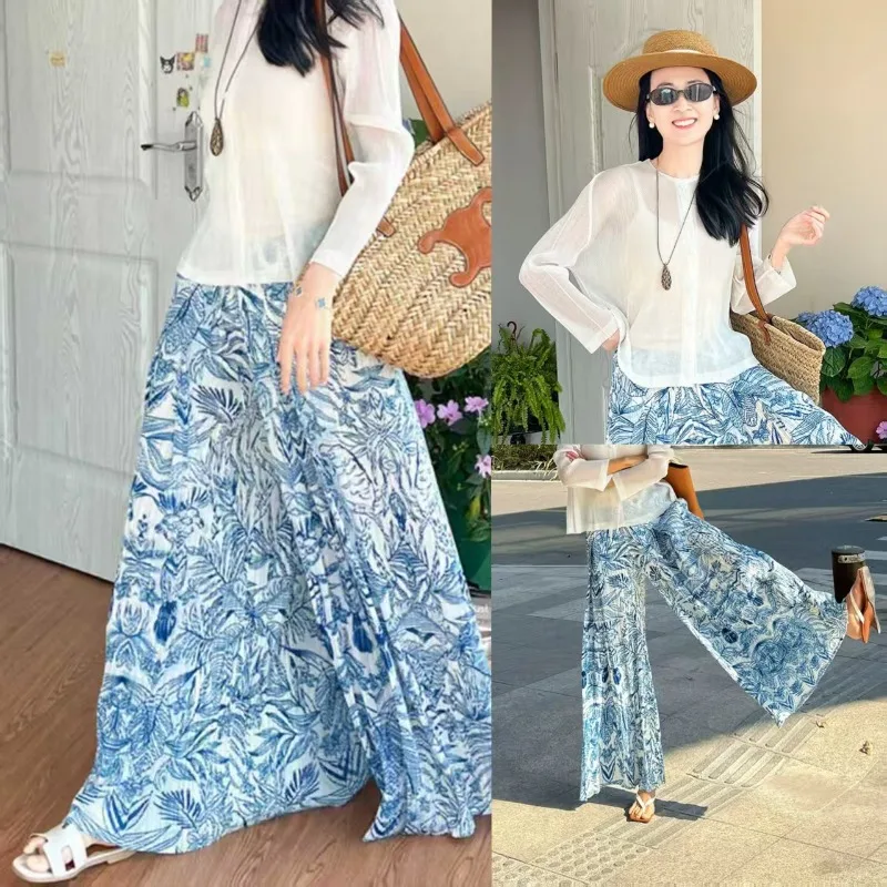 Pantaloni a pieghe Miyake Set 2025 Nuovi pantaloni a gamba larga stampati Celadon Plisse Fold Premium Sense Casual Cardigan trasparente Top da donna