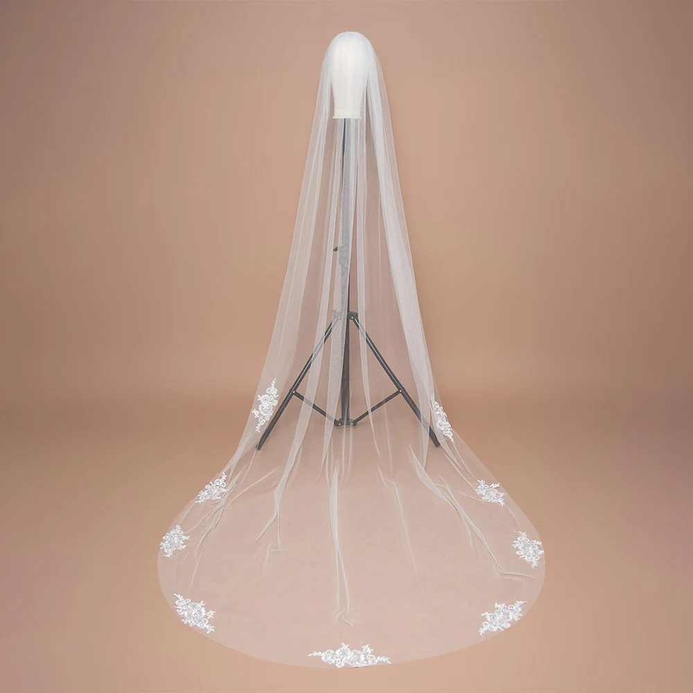 MisShow Weißer Elfenbein-Spitzenapplikationsschleier, einlagiger Kathedralenschleier mit Kamm, langer Illusionstüll für Damen, Hochzeitsschleier 2026 – Detail 6