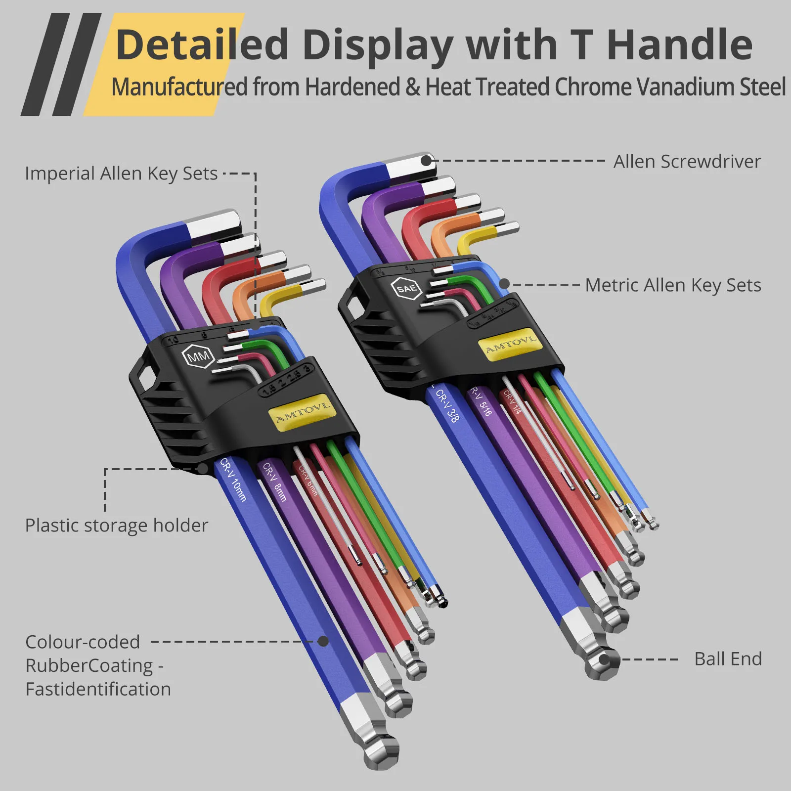 Hex Keys Coloured Set 18 Pieces SAE Metric Long Arm Ball End Hex Key Allen Wrench Set T-Handle Wrenches Set Tools