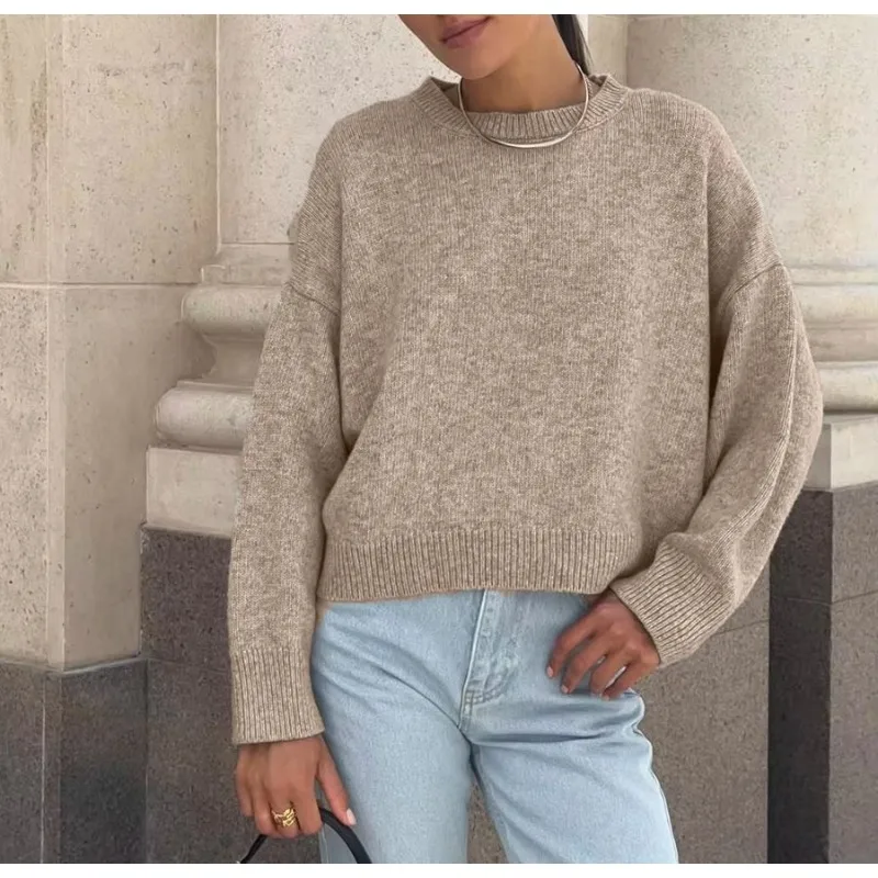 Women O Neck Oversized Knit Sweater Autumn Winter Thick Soft Loose Short Knitted Pullover Casual Warm Tops