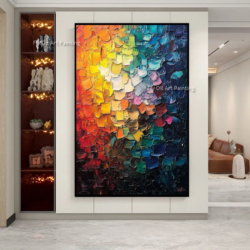 Color Transition Abstract Canvas, Thick Chunky Paint Blocks, Hand Painted Vertical Texture Wall Art