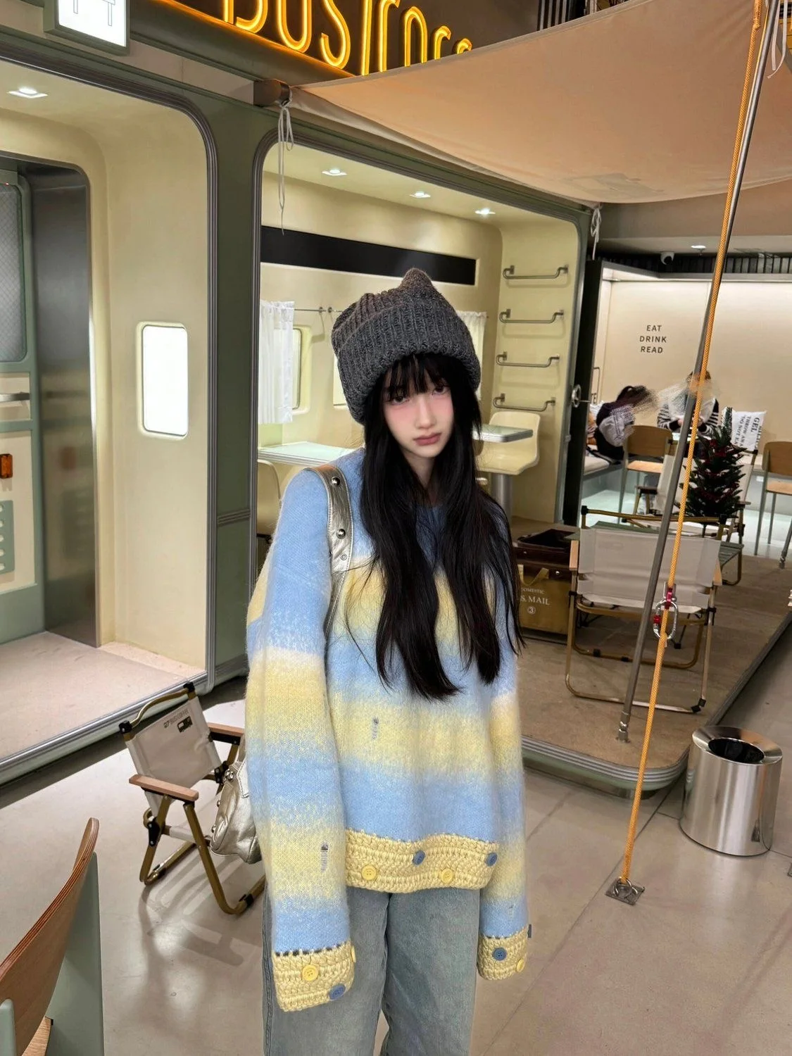 Sweet Y2K Women Blue Yellow Striped Fuzzy Knit Sweater Crew Neck Crochet Button Trim Hem Oversized Loose Mohair Feel Casual Pull