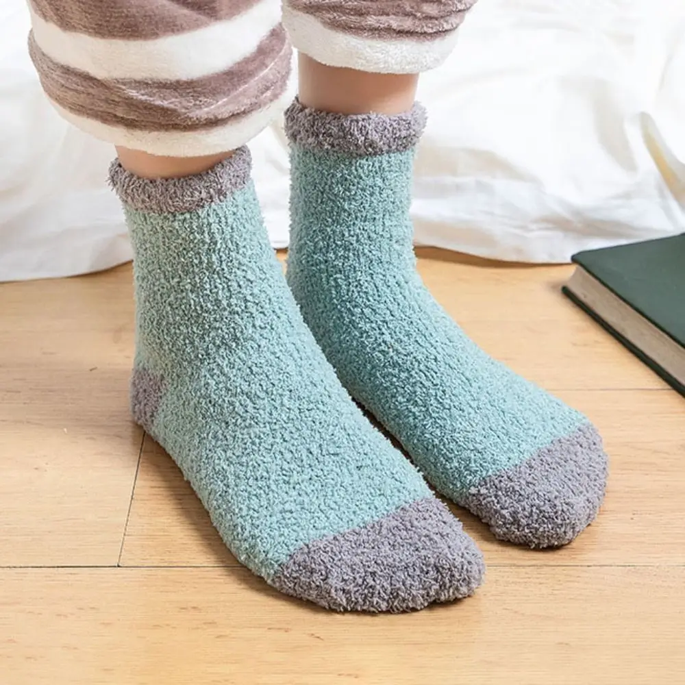 

5Pairs Creative Thickened Coral Fleece Socks Winter Sleeping Floor Plush Socks Simple Patchwork Warm Boat Socks Women Winter