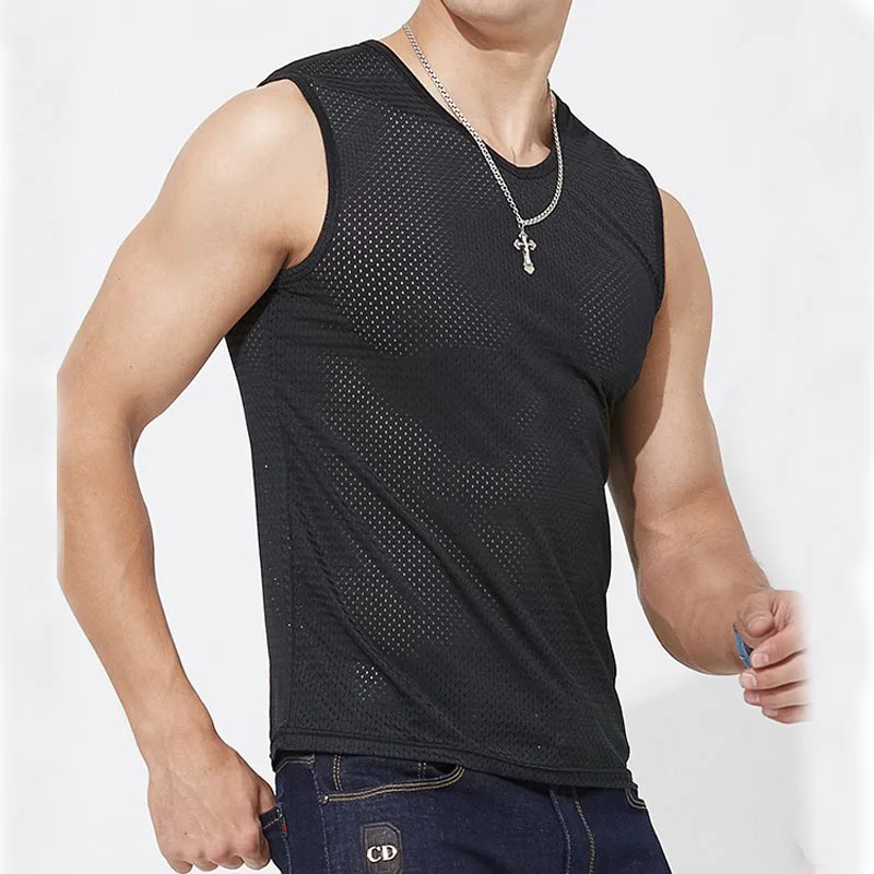 Camiseta sin mangas de malla de seda de hielo para hombre, Camisa sin mangas transparente para gimnasio, culturismo, chaleco de Fitness, camisetas musculares de malla para hombre