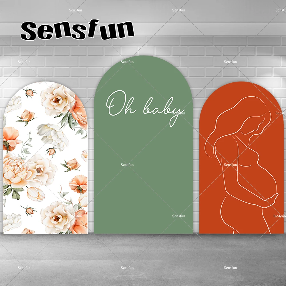 

Pregnant Silhouette Arch Backdrop Cover Floral Orange Green Leaves Background Baby Shower Birthday Party Boho Photo Studio Kit