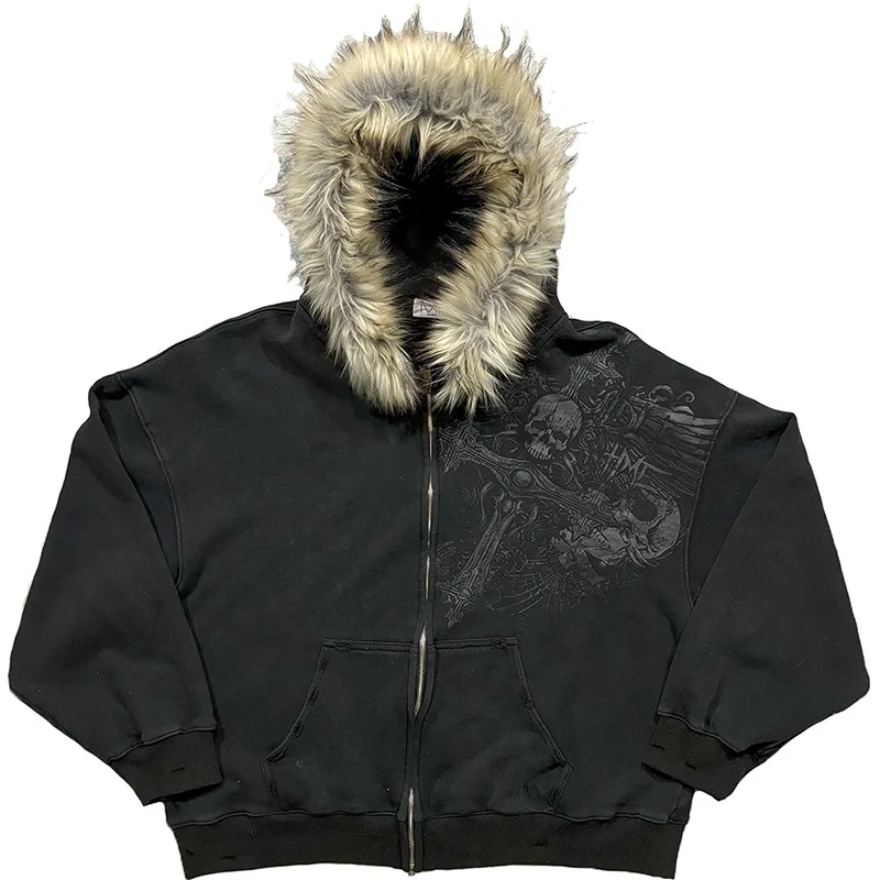 Herbst Winter Y2k Damen Ästhetische Harajuku Kunstpelzkragen Hoodies Kleidung Grafik Hip Hop Punk Gothic Zip-Up Hoodies 2026 Neu