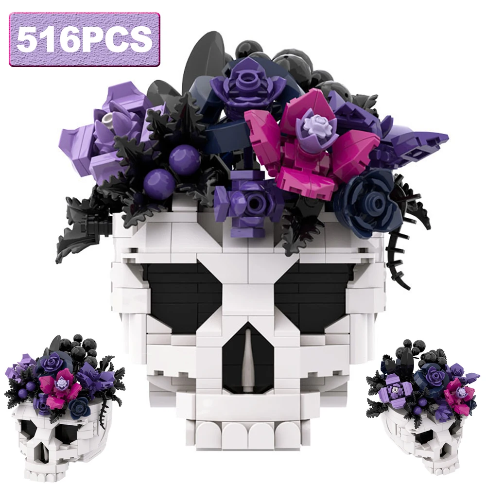 

Skull Roses Bouquet Building MOC Skeleton Flowers Plant Pot Blocks Horror Gothic Home Decor Bricks Toys for Adult Christmas Gift