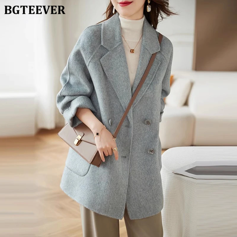 BGTEEVER Autumn Winter Thicken Female Woolen Coats Elegant Long Sleeve Pockets Warm Female Jackets