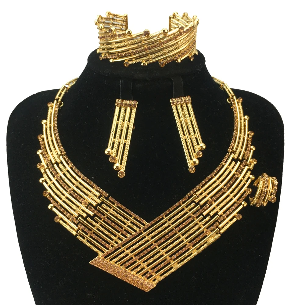 

New Fashion Woman Jewelry Set African Gold-color Necklace Bracelet Ring Earrings Full Set FHK18868