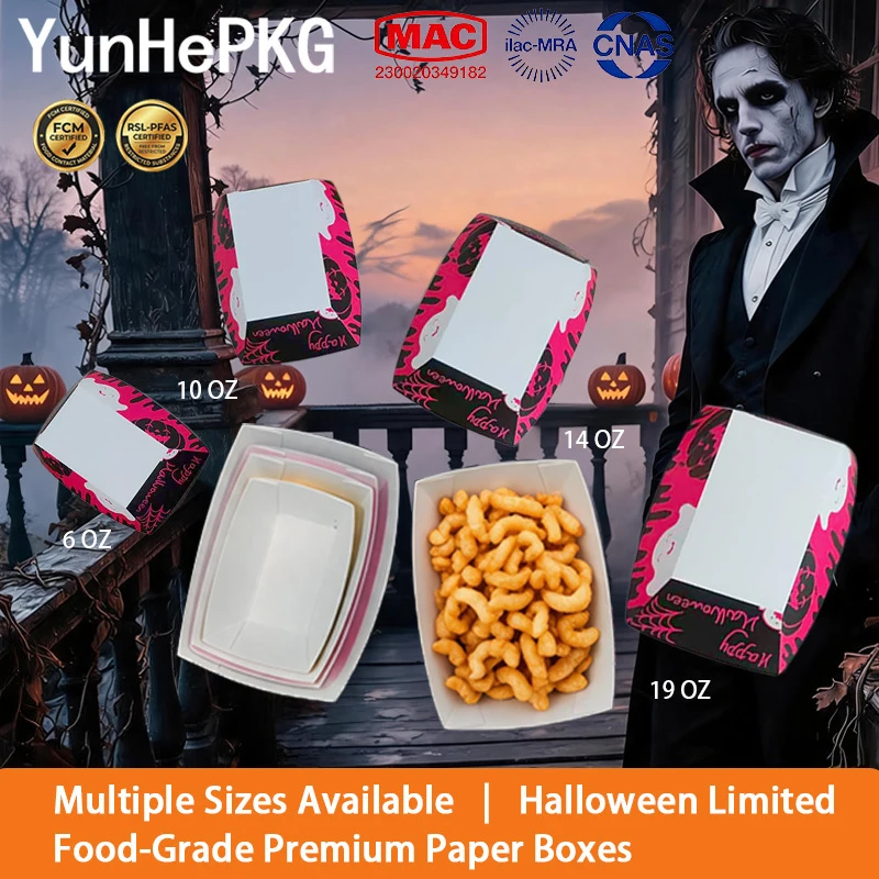 YunHePKG 100PCS Halloween Paper Food Boats 6/10/14/19oz Pink Black Open Top Disposable Snack Dessert Trays Party Supplies