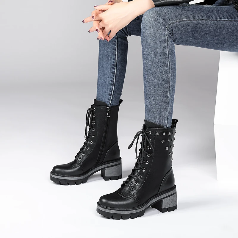 British Style Retro Metal Rivet Locomotive Boots Lace-Up Zipper Square Heel Height Increase Slim Knight Boots Sexy Women's Boots