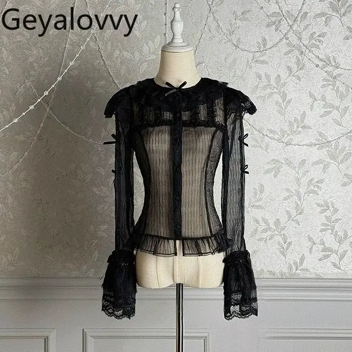 

Новая женская блузка в стиле Лолита с рюшами и кружевом, элегантная повседневная рубашка, однотонная, с длинным рукавом, весна-осень 2026