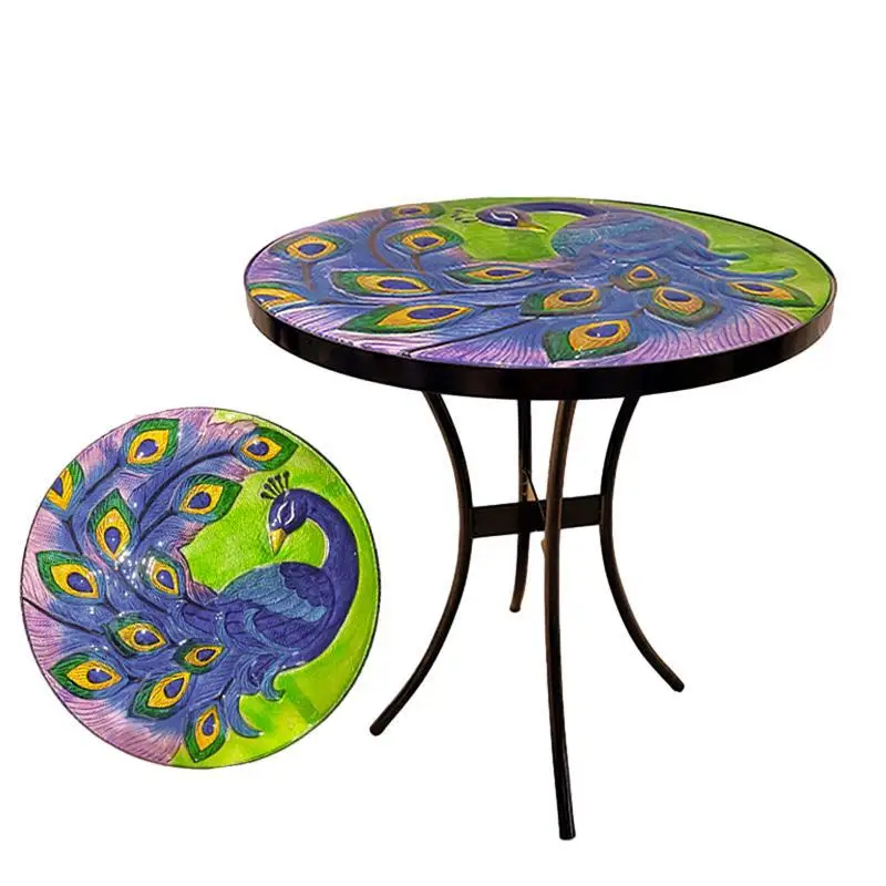 Blue-green peacock glass wrought iron coffee table, retro American outdoor living room decoration ornament