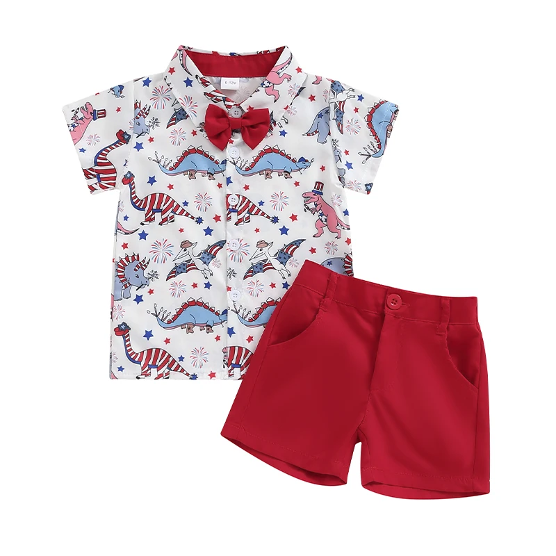 

Toddler Boys Summer 2PCS Shorts Sets Short Sleeve Dinosaur Print Shirt Solid Color Shorts Sets