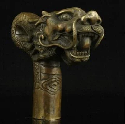 

Pure Copper Brass Grandpa Good Lucky China Old Handwork Carving Bronze Dragon Statue Cane Head Walking Stick