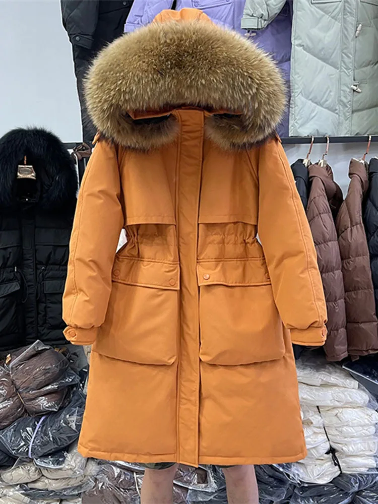 

Large Natural Raccoon Fur Hooded Long Down Coat Women Winter 90% Duck Down Parkas Female Thickness Sash Tie Up Jackets