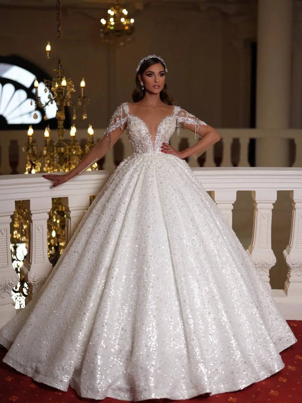 

Flavinke Customized Charming Long Sleeve Wedding Dresses Luxurious Beaded Bridal Gown Formal Beaded Gown vestidos de novia