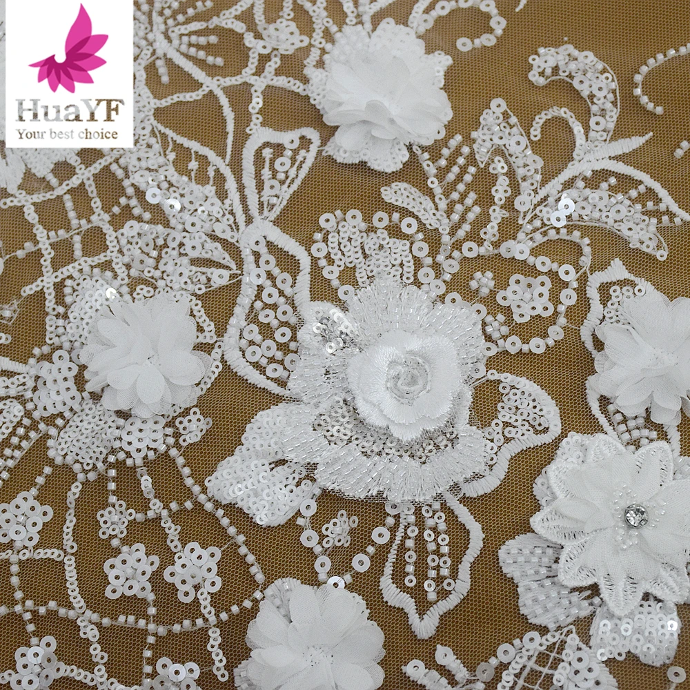 Hot sale white french embroidery beaded lace with sequins wedding bridal dress fabric HY2863