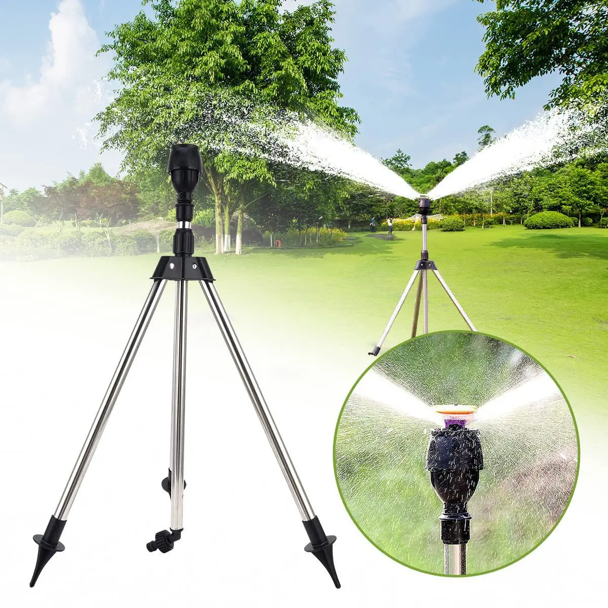 

360° Automatic Rotation Irrigation Sprinkler Stainless Steel Telescopic Tripod Irrigation Sprinkler Gardening Lawn Watering Tool