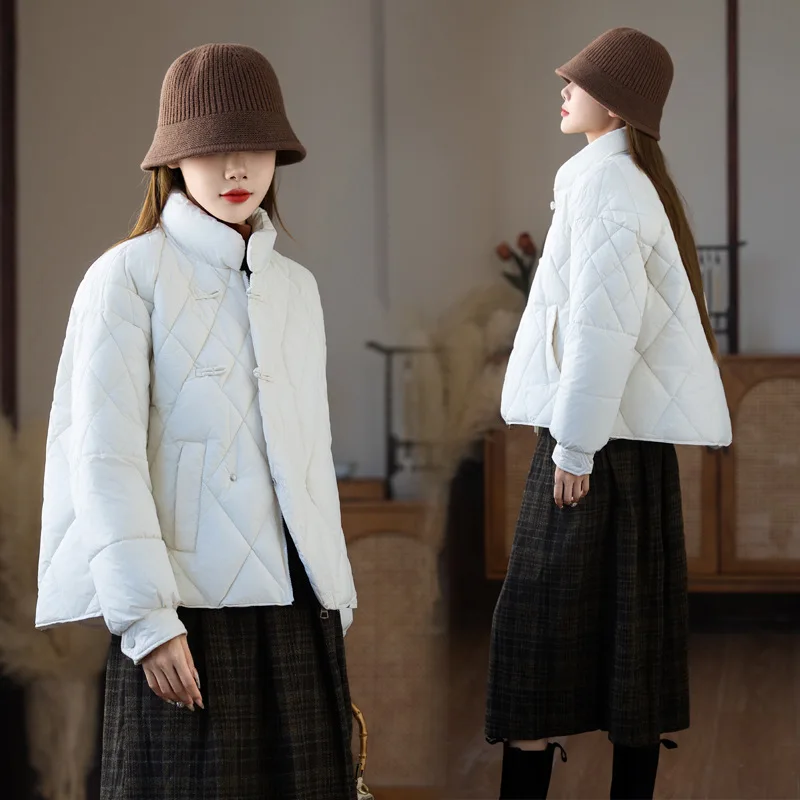 

New Chinese Style Lightweight Button Down Cotton Jacket Women Winter Jacket Coat Grid Cotton Clothes Loose Female Outerwear